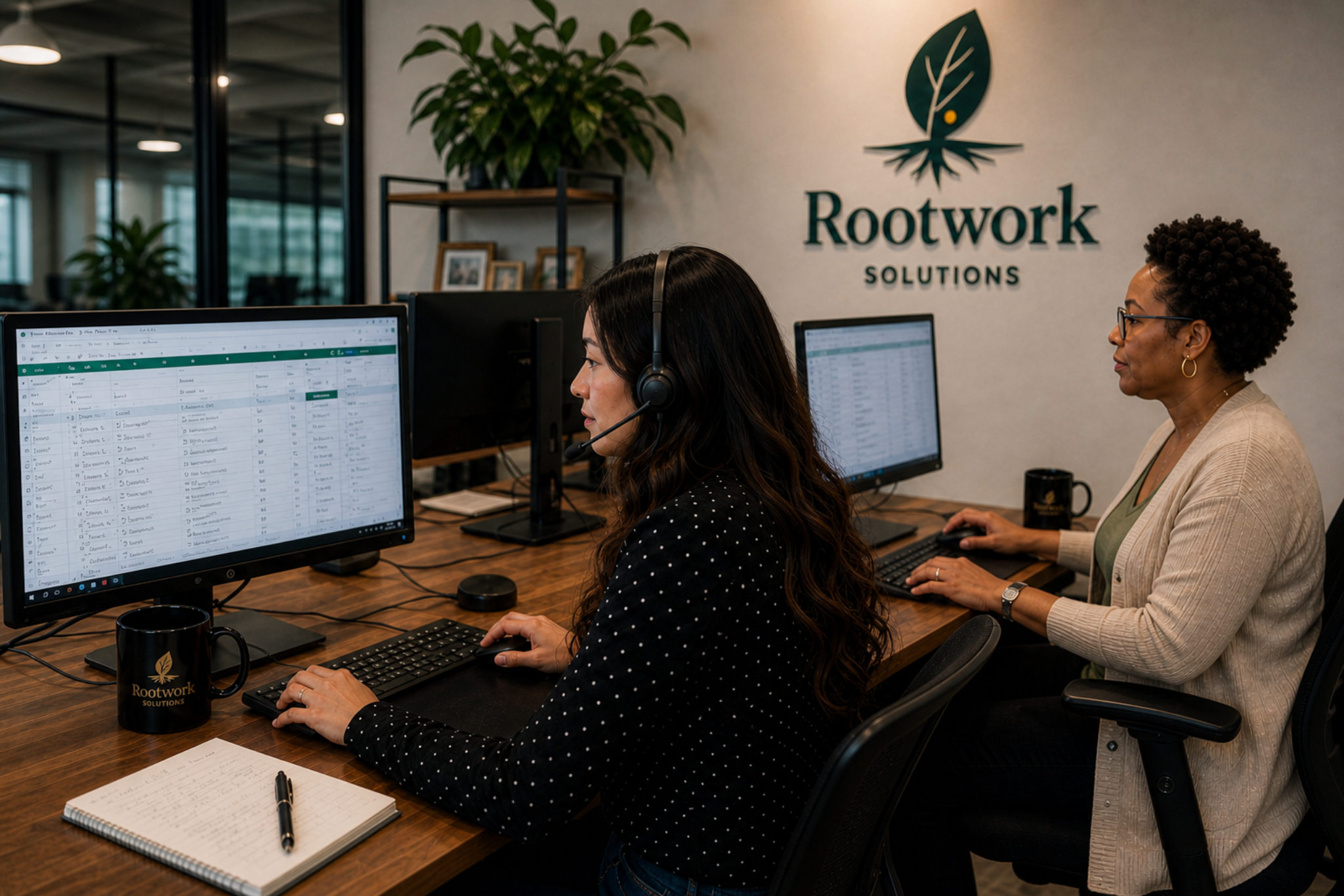 Team members working through systems and operational workflows at computers