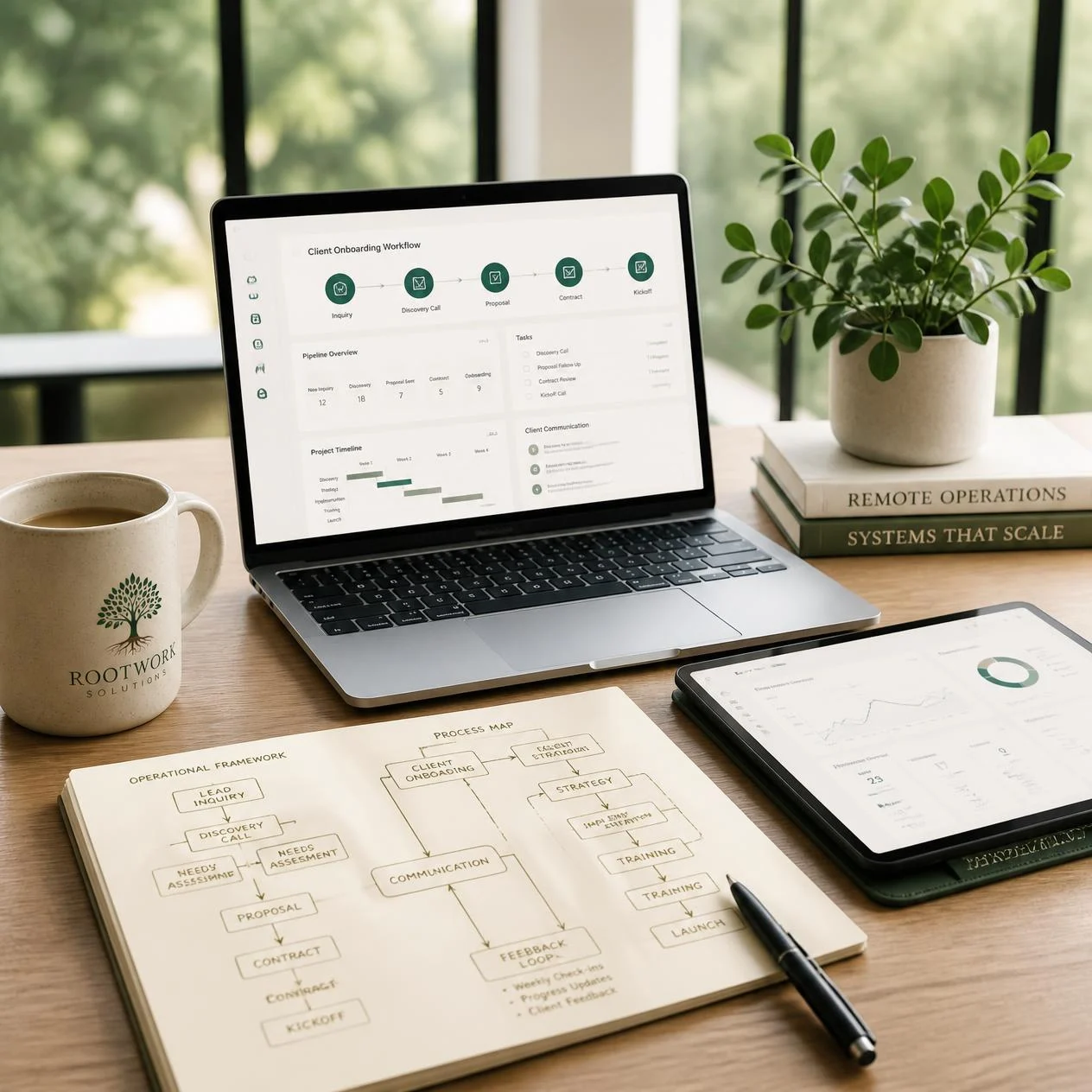 Operations workspace with books and notes